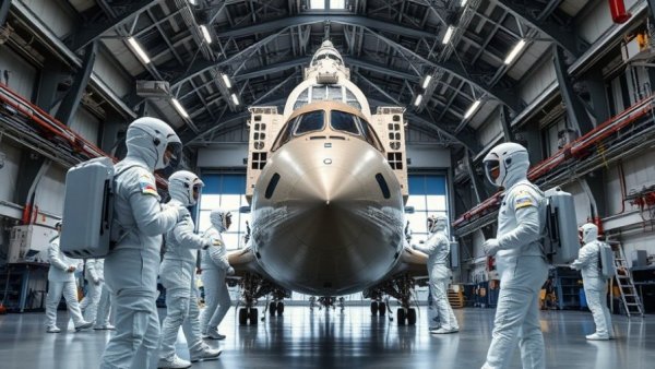 Engineers preparing spacecraft for moon mission inside hangar.