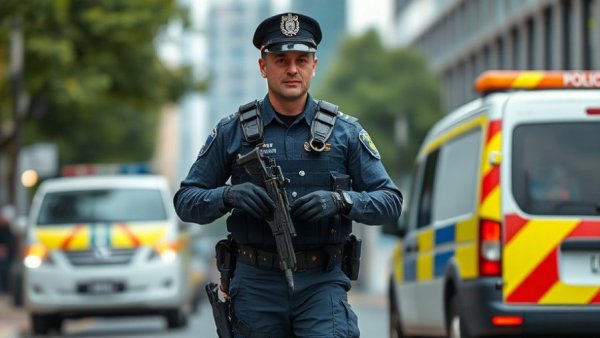 Police officer approaches police vehicle, illustrating cooperation with ICE