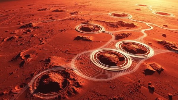 Futuristic depiction of a marsquake with highlighted seismic waves on Mars.
