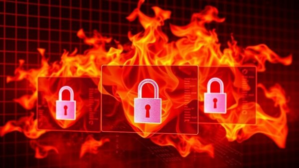 Graphic representing PHP vulnerabilities with fiery screens and padlock