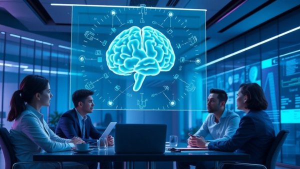 Futuristic business meeting discussing LLM Customization with digital brain hologram.
