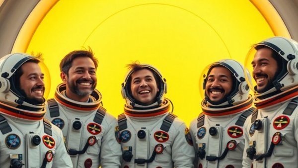 Astronauts discussing space innovation, happy and relaxed.