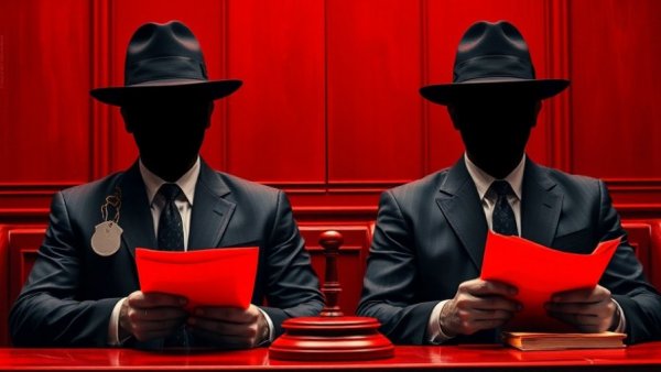 Faceless figures in red and black court setting with gavel.