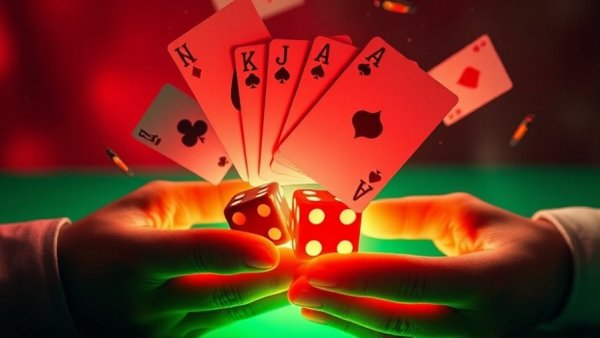 Floating cards and dice above hands, symbolizing cybersecurity in online poker.