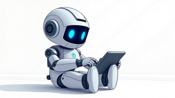 Cartoon robot typing on tablet to prevent AI agents from going rogue.