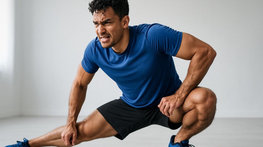 Determined athlete performs strength exercises for mobility improvement in bright light.