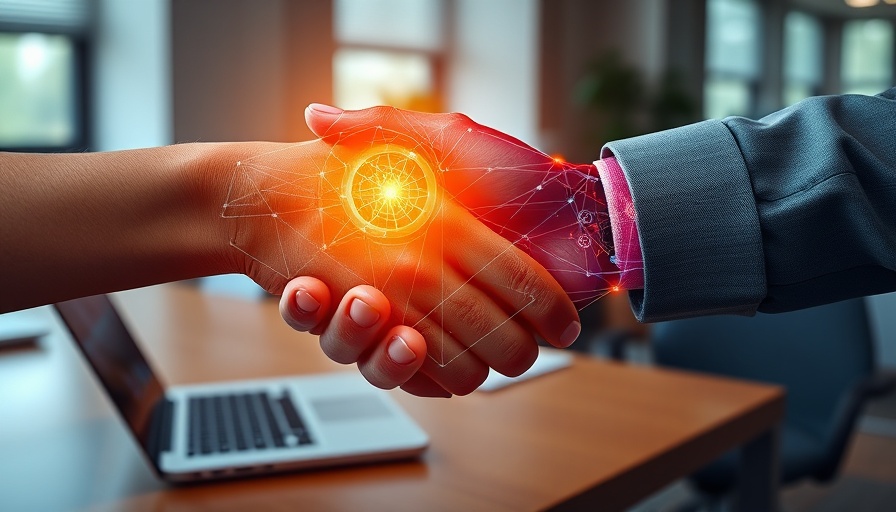 Business transformation with AI visualized as human and AI shaking hands.