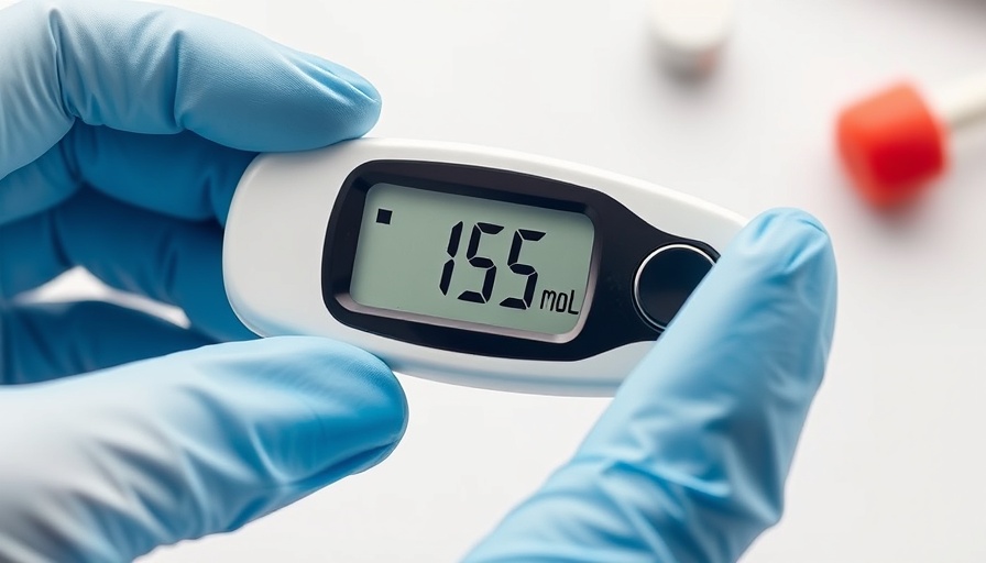 Close-up glucose meter showing 105 mg/dL in hands, medical setting.