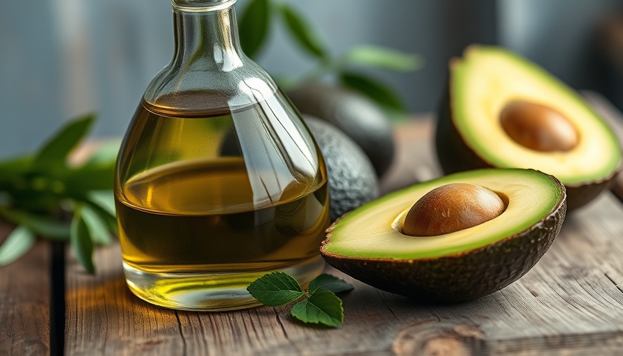 Avocado oil benefits illustration with ripe avocados.