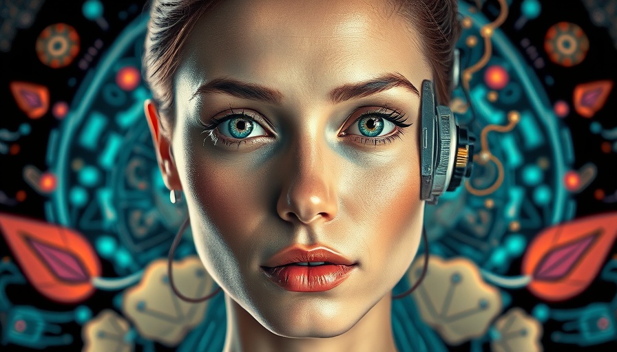 Futuristic anti-aging split-face artwork with vibrant digital elements.