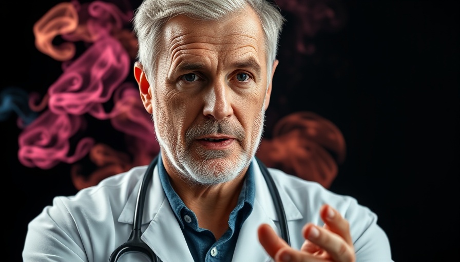 Mature male doctor discussing cancer and odor with colorful smoke.