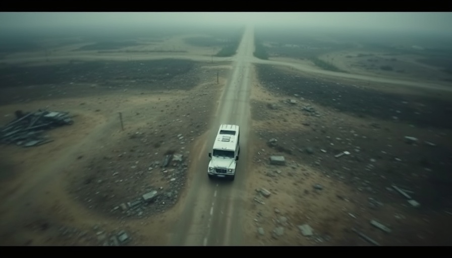 Aerial view of battlefield with a white vehicle, dim and hazy.