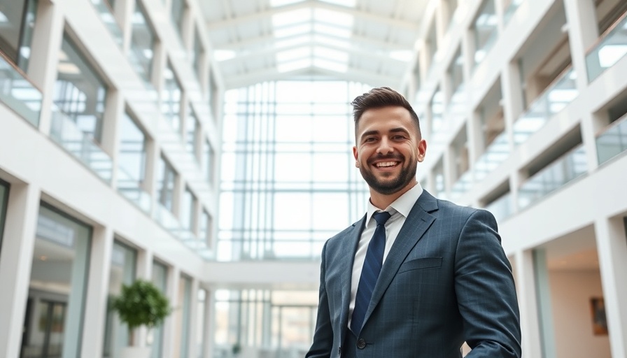 Confident man in modern office atrium, smiling with professional attire, highlighting multimodality in AI.