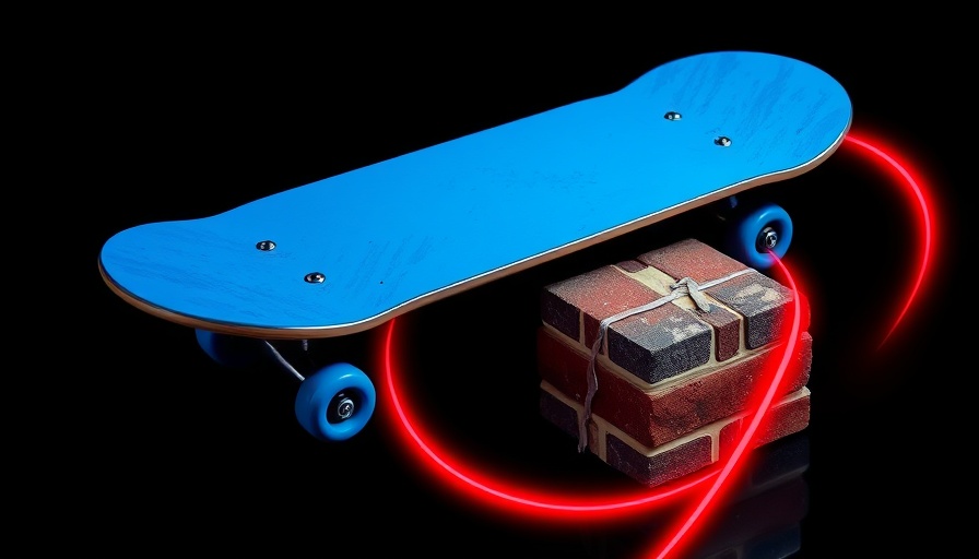 Abstract DHS protest activities with a skateboard and brick.