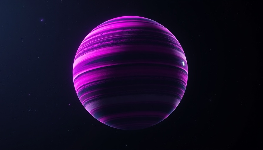 Discover giant alien planet with vibrant pink and purple stripes.