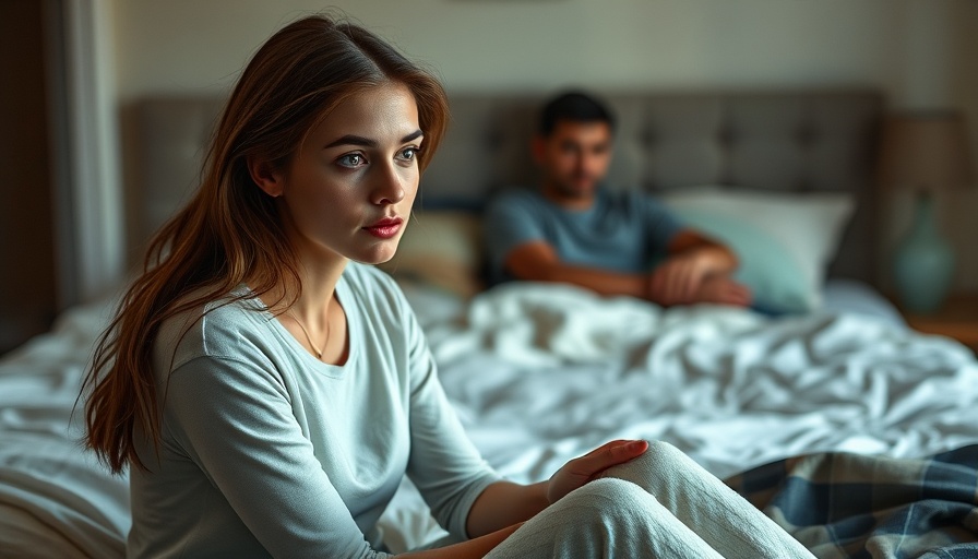 Introspective young woman sitting on bed, sexual health after menopause.