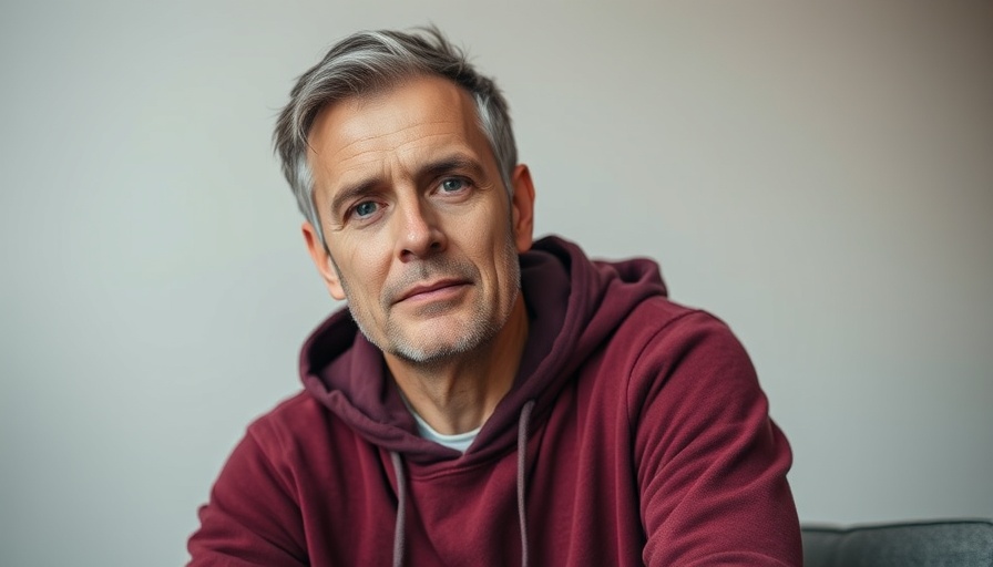 Middle-aged man in hoodie indoors, neutral expression.