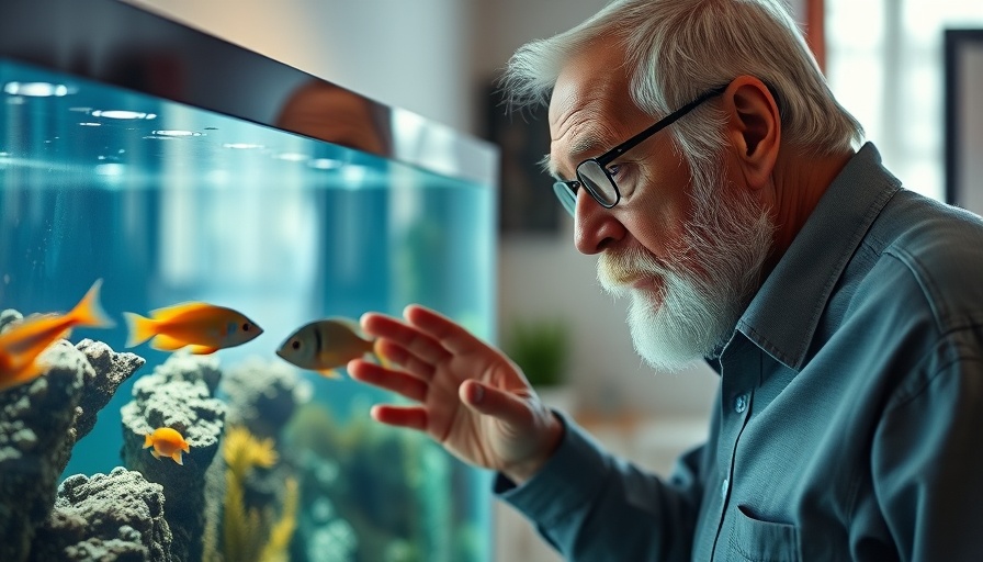 Elderly man interacting with aquarium in a room.