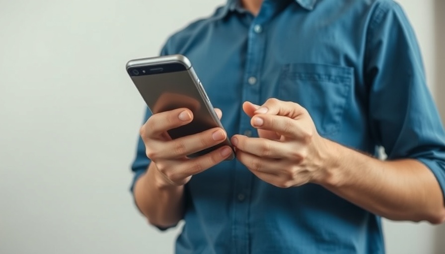 Person in blue shirt using smartphone in casual setting.
