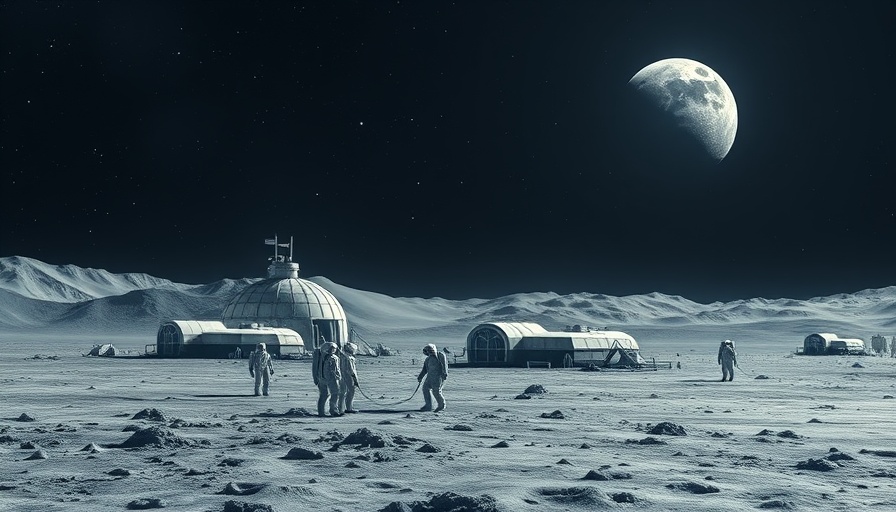 Futuristic moon base by 2045 with greenhouses and astronauts.
