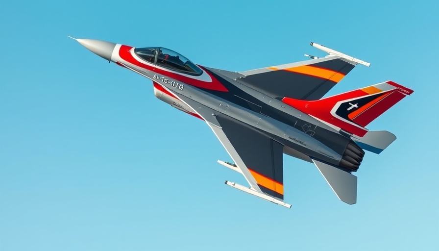 Decommissioned F-16 fighter jet soaring in clear blue sky with vibrant markings.