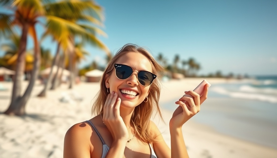 Smiling woman applying sunscreen on beach in sunlight, best sunscreens for monsoon.