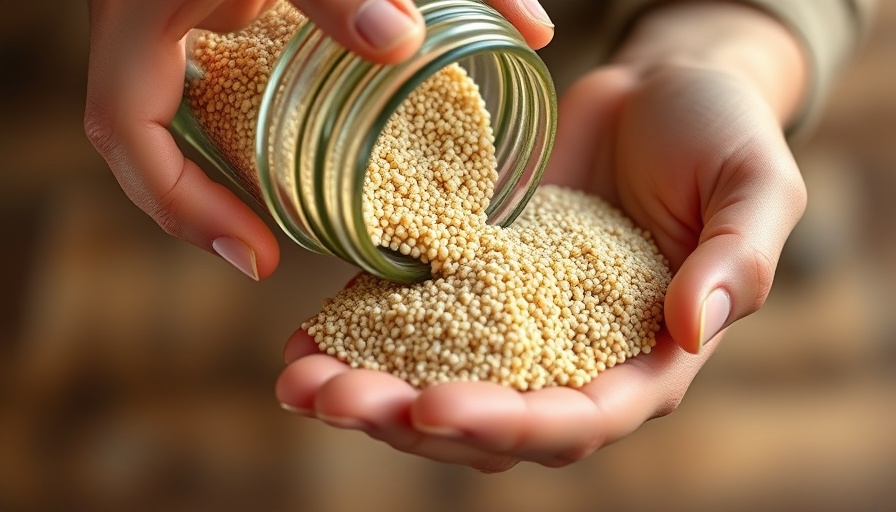 Hands pouring quinoa from jar, highlighting gut health benefits