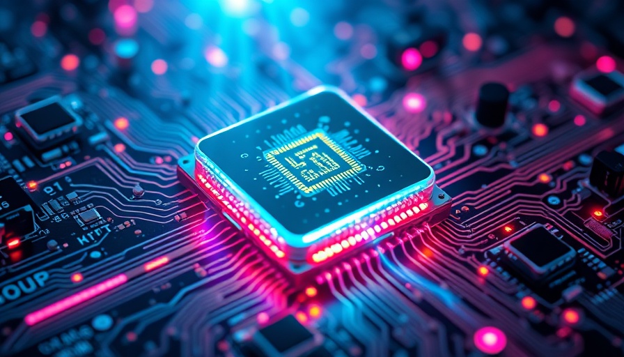 Futuristic quantum processor with glowing currents on a circuit board.