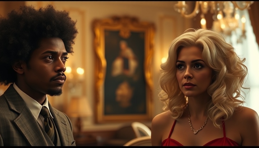 Characters wearing afro and blonde Star Trek wigs in an elegant setting.