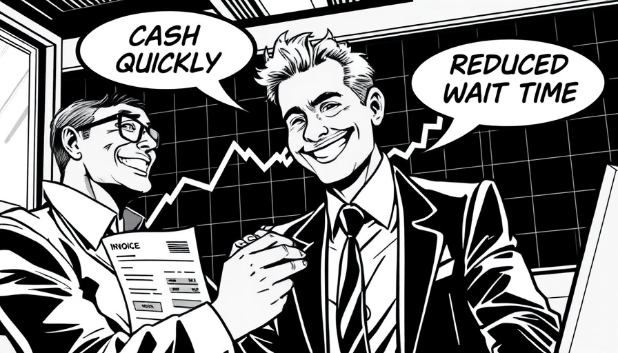 Illustrated scene of invoice financing solutions with business transaction.
