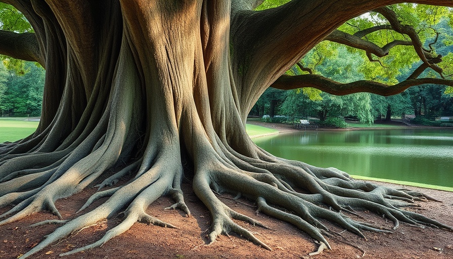 Majestic tree roots in park, symbolizing AI bias and ontology.