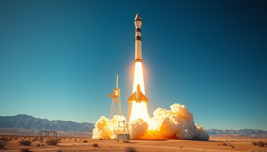 Blue Origin launch with vibrant rocket ascent in desert landscape.