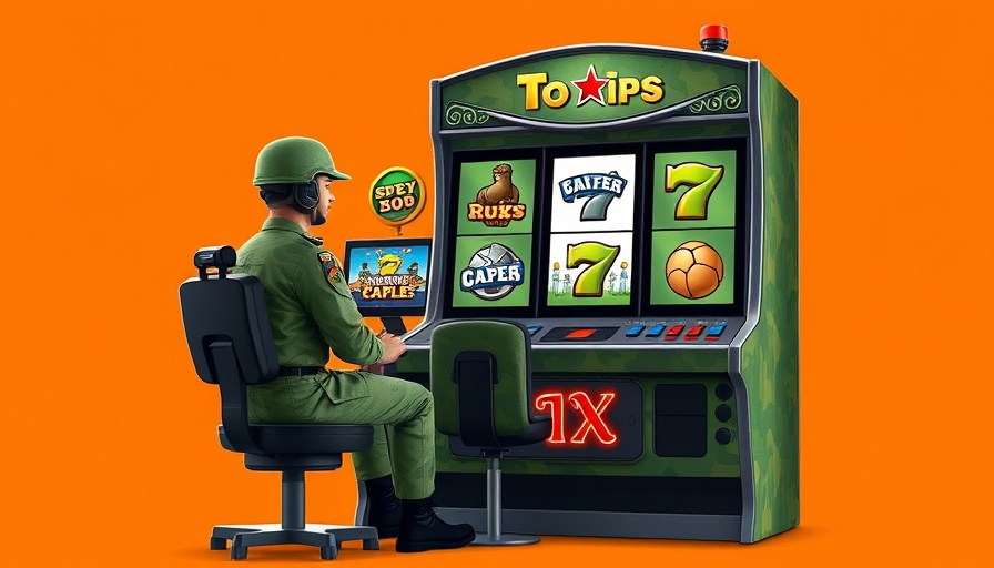 Camouflage-themed slot machine with military design on orange background.