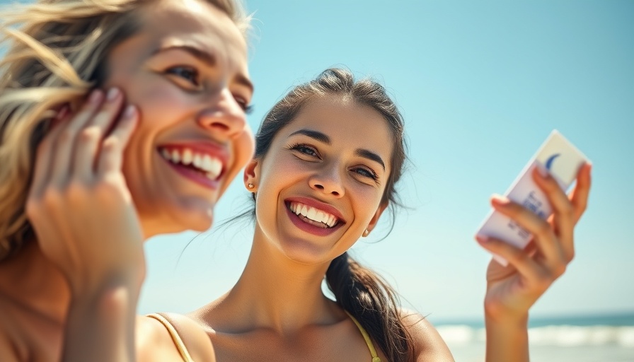 Smiling woman applying sunscreen on face on sunny beach.