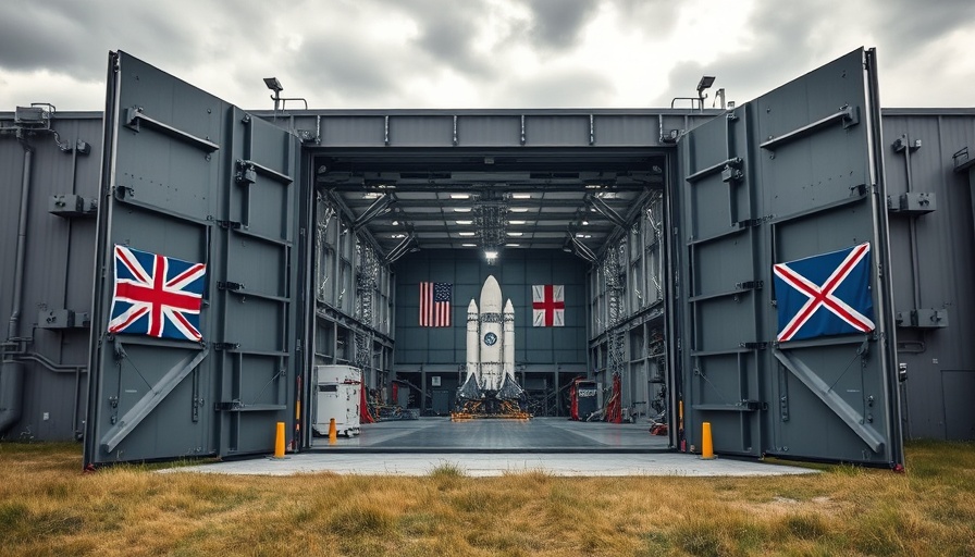 Rocket engine test lab with open doors and flags.