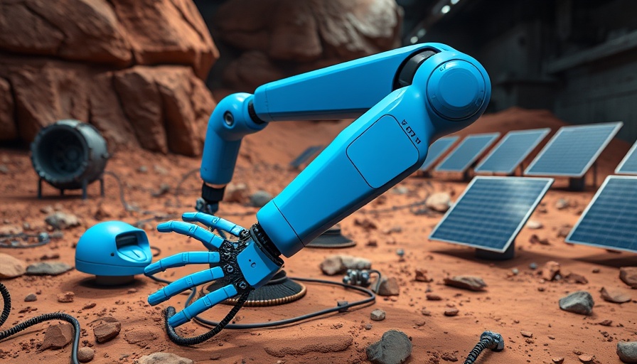 Sleek blue robot exploring a Mars-like terrain.