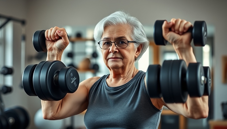 Elderly woman weightlifting, showcasing fitness and vegetarian diet impact.