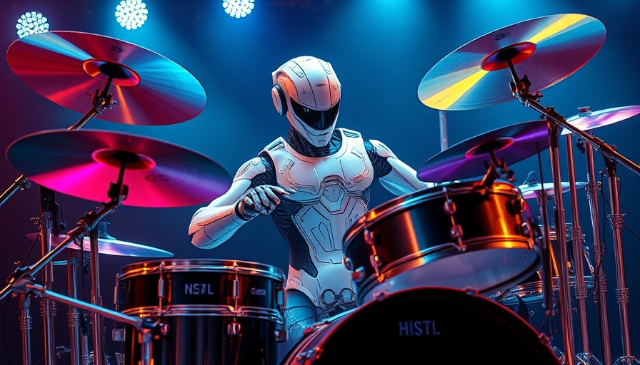 Futuristic robotic drummer showcasing human-like behaviors, vividly detailed.