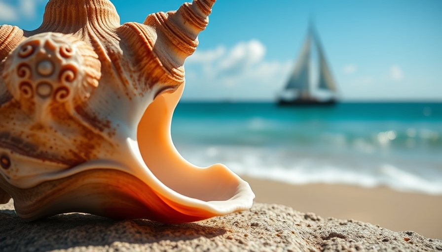 Close-up of conch shell on sunny seashore, tranquil setting.