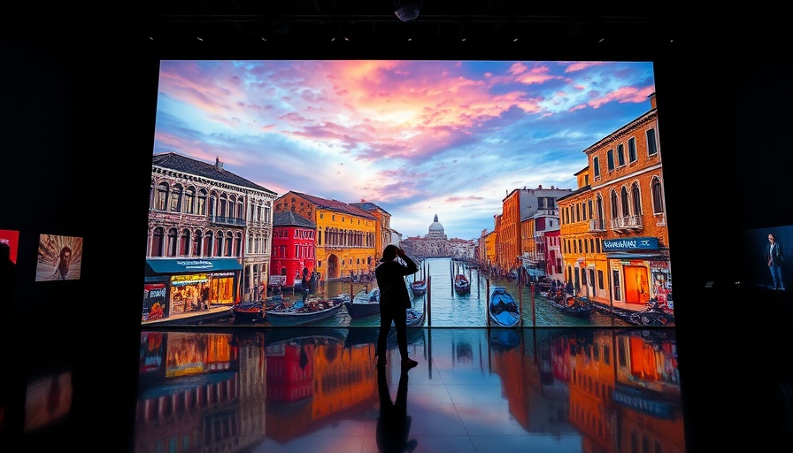 Immersive digital display of Venetian architecture with person in exhibition.