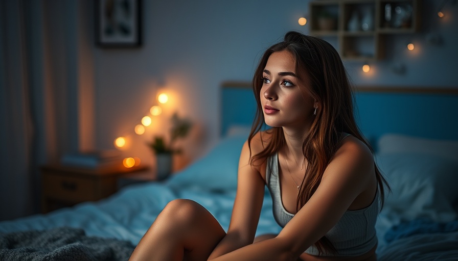 Contemplative young woman on bed highlighting gut bacteria and insomnia risk.
