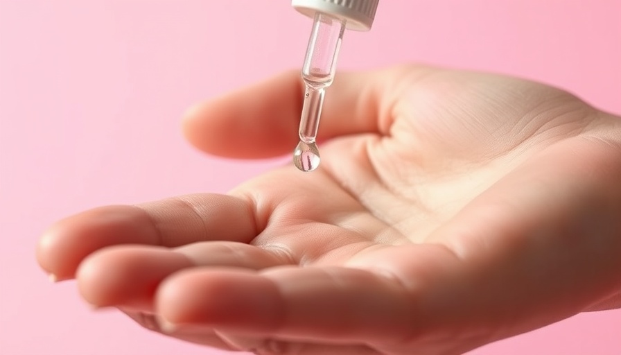 Hydrating face serum drip on open palm in soft pink setting.
