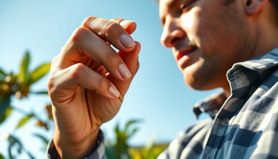 Person inspecting unripe coffee beans outdoors in warm sunlight.