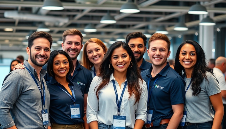 IoT Analytics Firms representatives at a tech meetup, smiling in a modern setting.