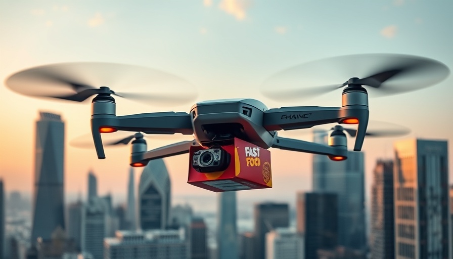 Futuristic drone delivering fast food over cityscape.