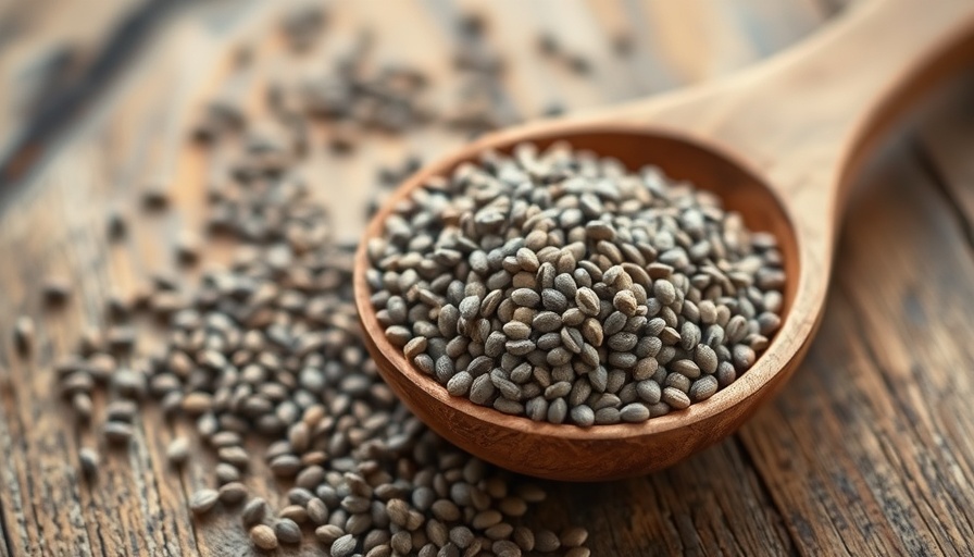 Chia seeds in wooden spoon and bowl on rustic table.
