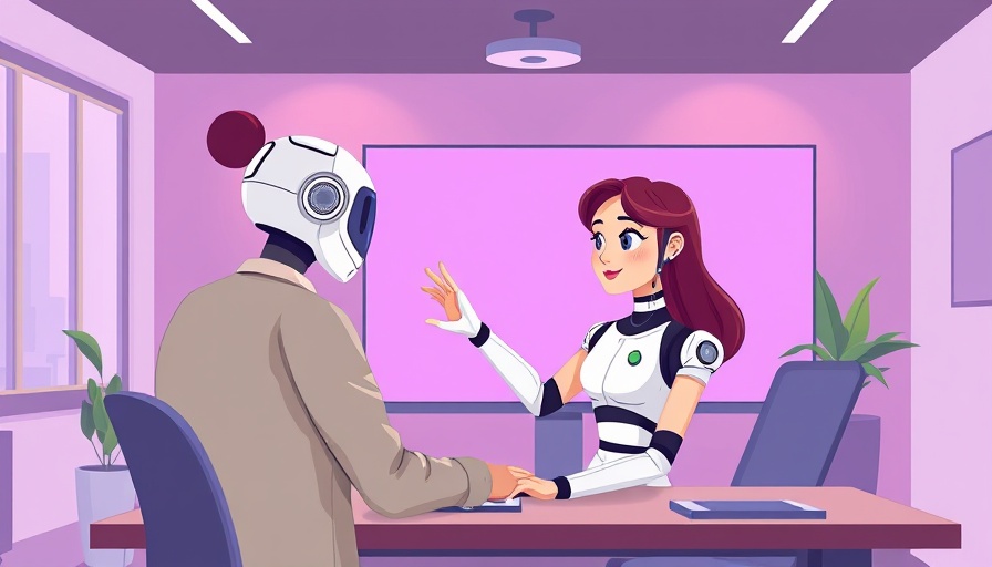 Woman engaging with AI robot on screen in modern office, consumer technology