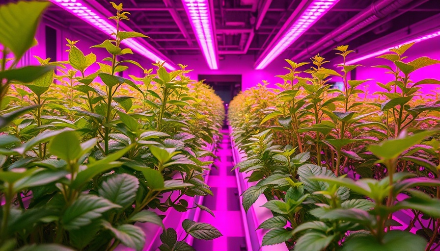 Space food innovation in a modern hydroponic farm with pink LED lighting.