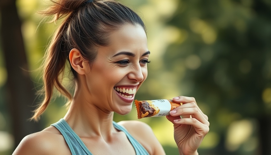 Woman enjoying protein bar for muscle gain and recovery outdoors.