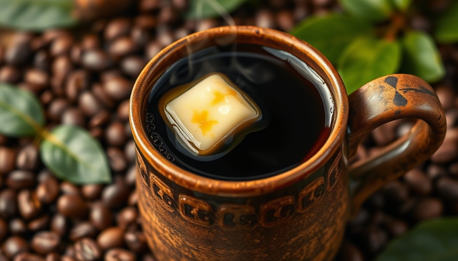 Black coffee with melting ghee, surrounded by coffee beans and leaves, highlighting health benefits.